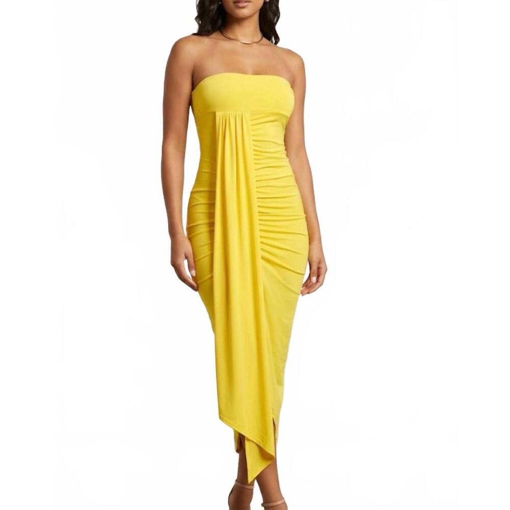 NEW MUNDEFEIS strapless midi dress in sunshine yellow